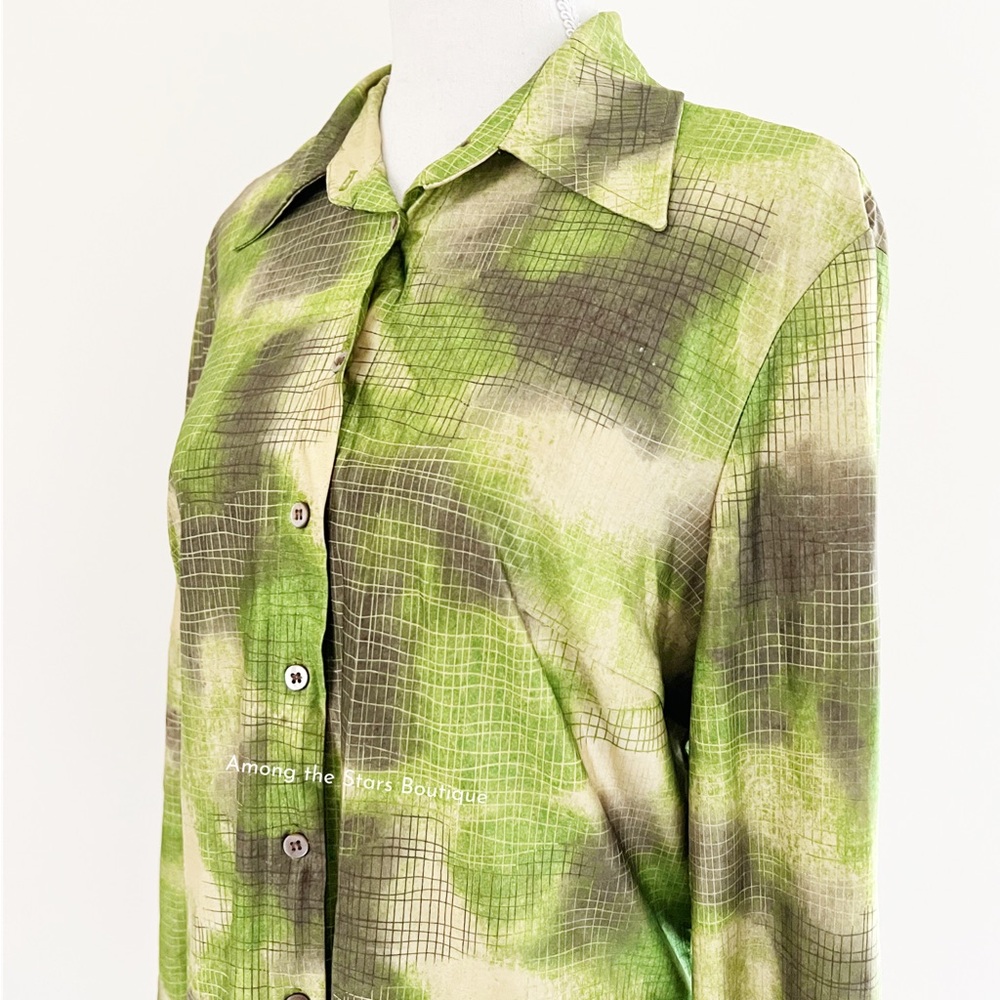 Very Rare 90s Vintage Green Abstract Print Button-Up Blouse ASO Cordelia in BTVS - Picture 12 of 14